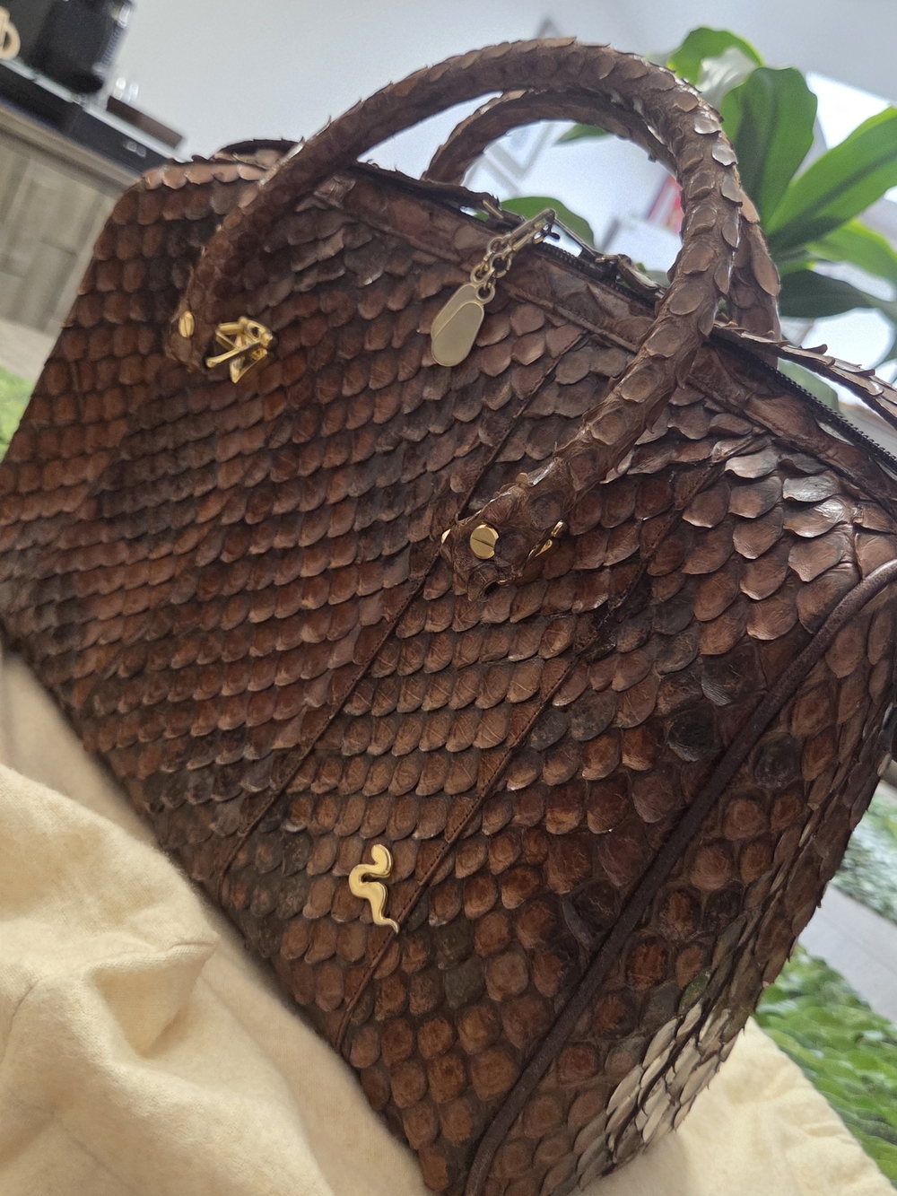 Brown Python-Texture Leather Tote Bag - Picture 2 of 7